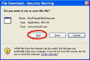 Click Run or Open to Download and Install Best Popup Killer!