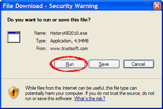 Click Run or Open to Download and Install HistoryKill!